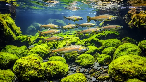 Trout in Clear Water and Mossy Underwater Scene