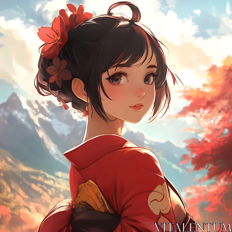 Anime Girl Amidst Mountain Landscape AI Image