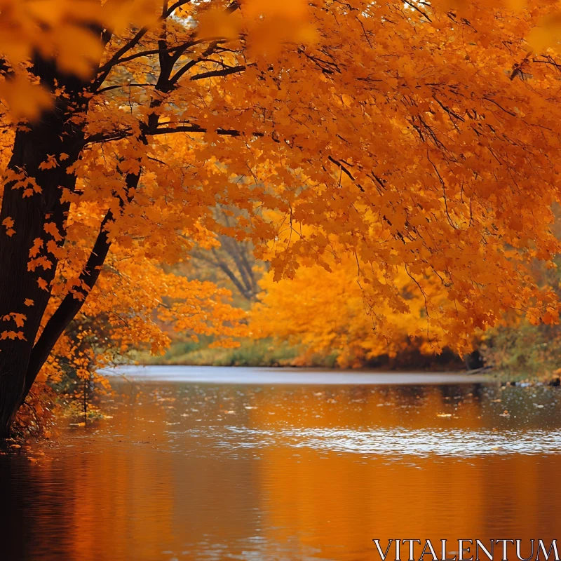 Golden Autumn Trees Reflected in Calm Water AI Image