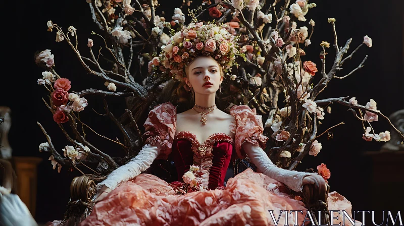 Regal Portrait of Woman on Floral-Adorned Throne AI Image