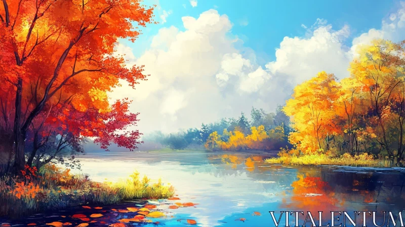 Tranquil Lake Surrounded by Colorful Autumn Trees AI Image