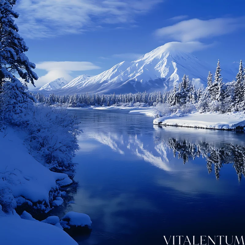 AI ART Peaceful Snowy River and Mountain Scene