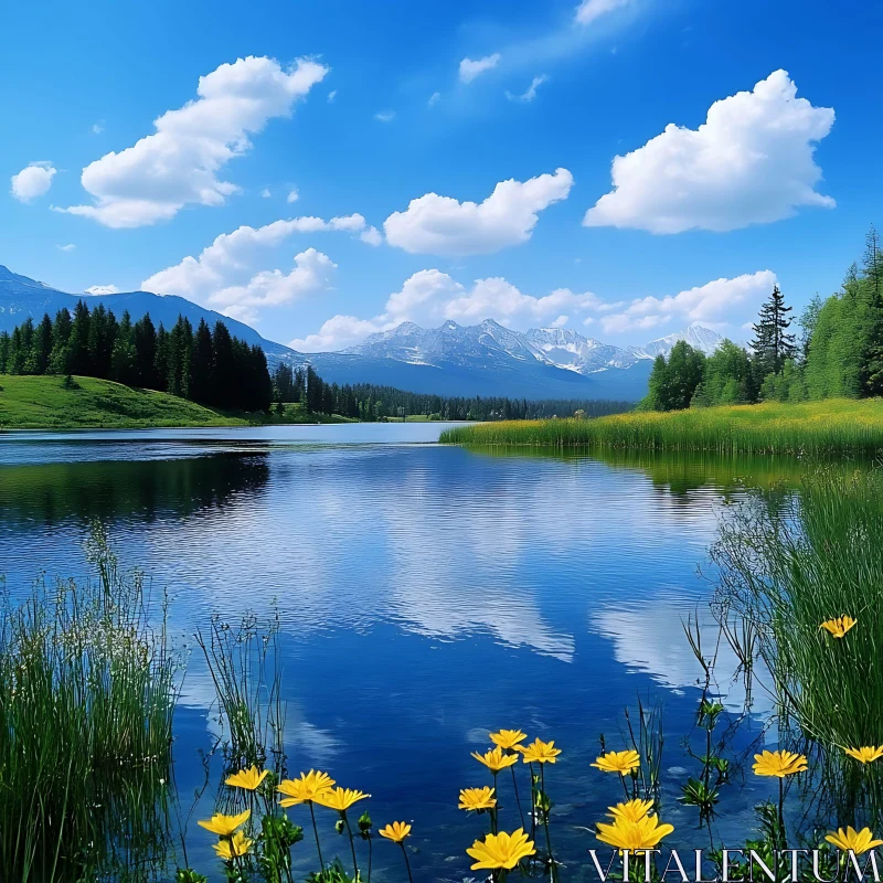 Tranquil Lake Scene with Mountain and Flower Views AI Image