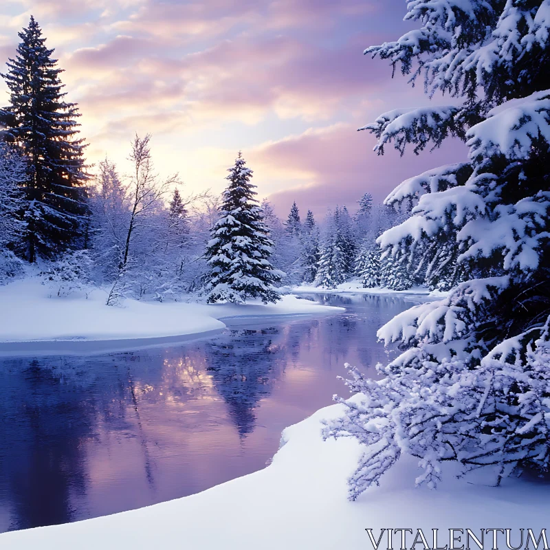 Winter Wonderland: Snowy Trees and Sunset Reflections AI Image