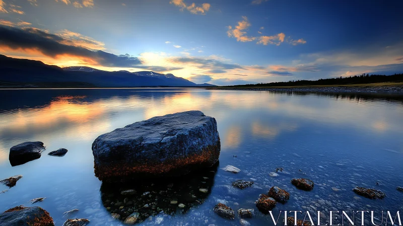 Serene Sunset by the Lake with Majestic Mountain View AI Image