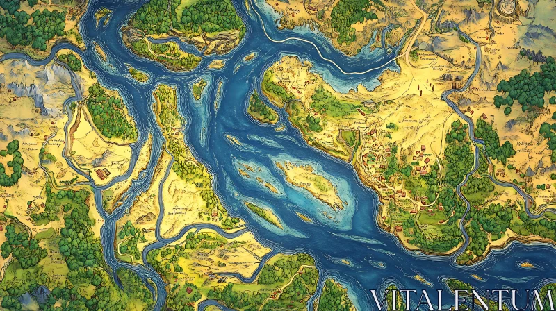 Detailed Fantasy Terrain with Rivers and Villages AI Image