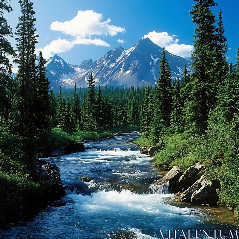 Serene Mountain Scene with Flowing River AI Image