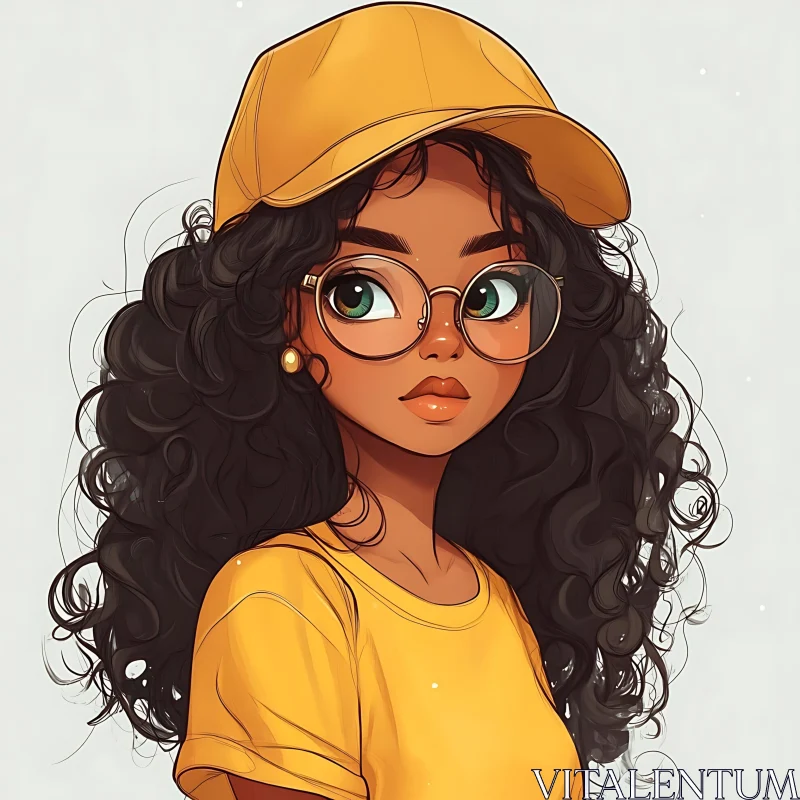 Curly-Haired Anime Girl in Yellow Cap AI Image