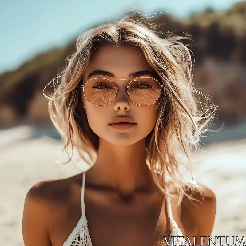 Fashionable Woman with Sunglasses on Beach AI Image