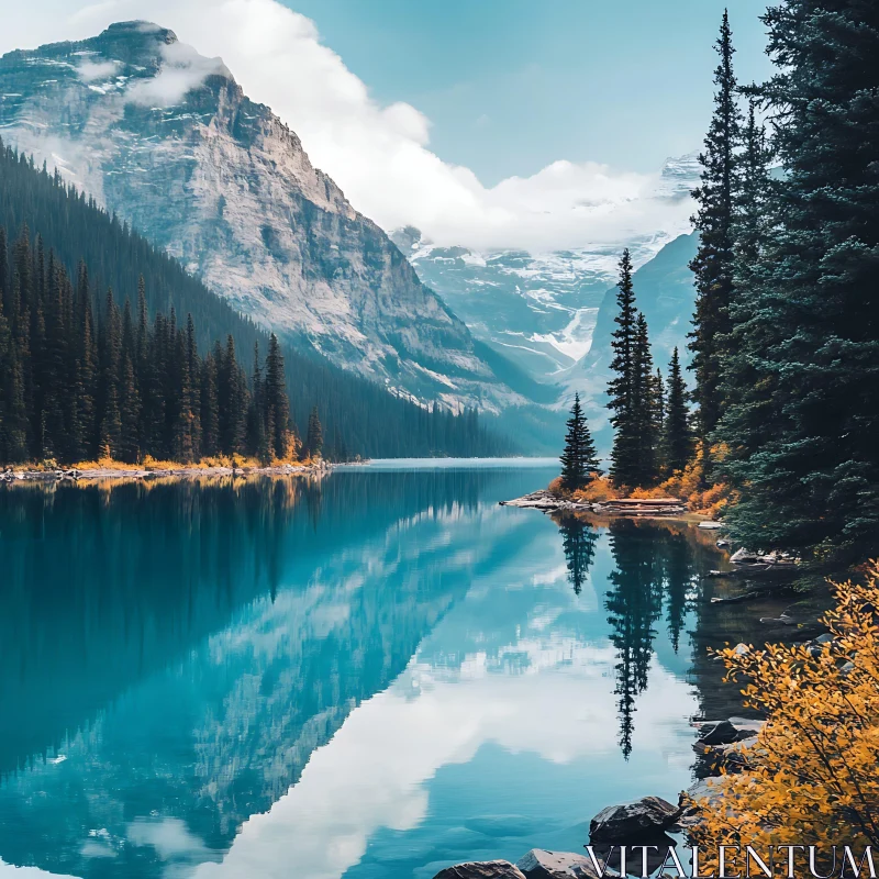 Peaceful Lake in Mountainous Landscape with Pine Trees AI Image