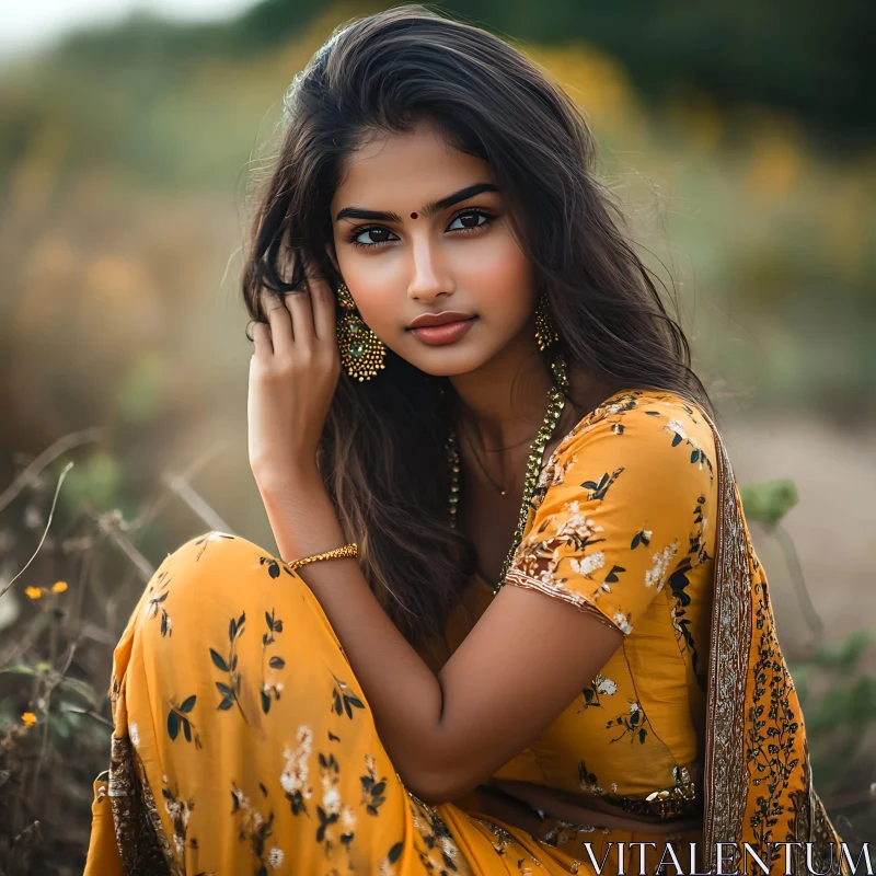 Elegant Woman in Traditional Yellow Attire AI Image