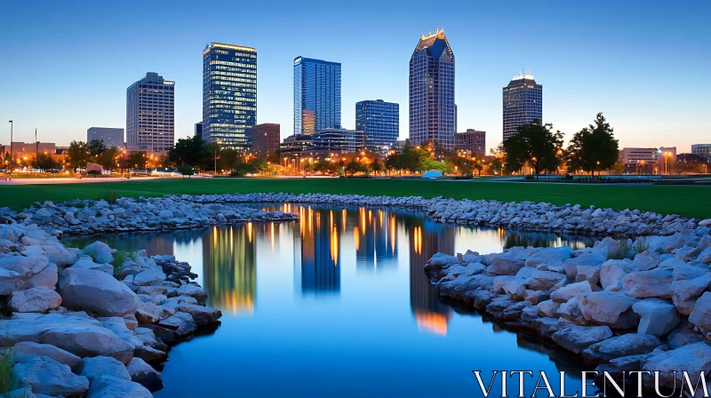 Illuminated Skyscrapers by Calm Water in Urban Park AI Image