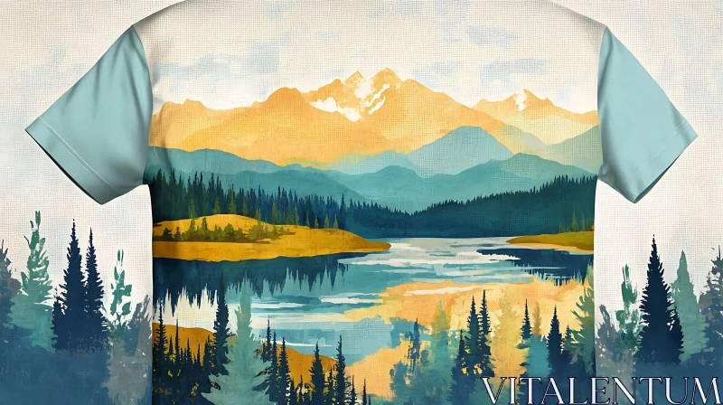 Nature-Inspired T-Shirt with Mountain, Lake, and Forest Artwork AI Image