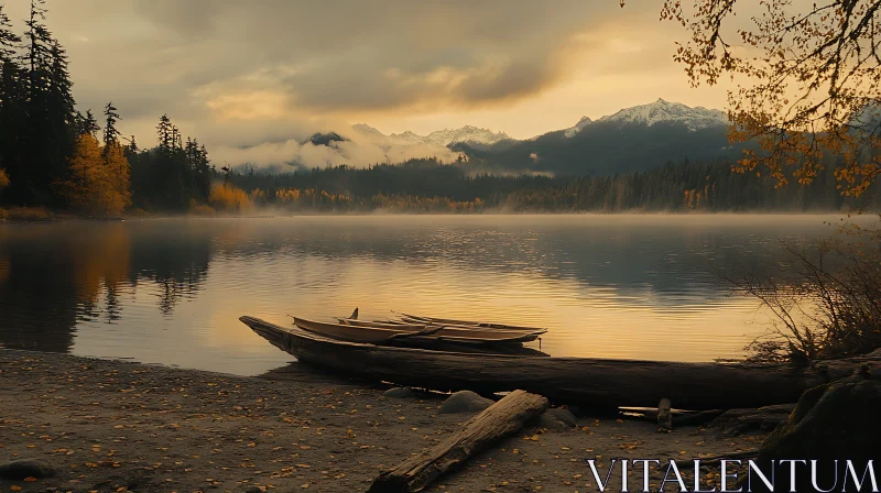 Mystical Lakeside with Boats and Autumn Foliage AI Image