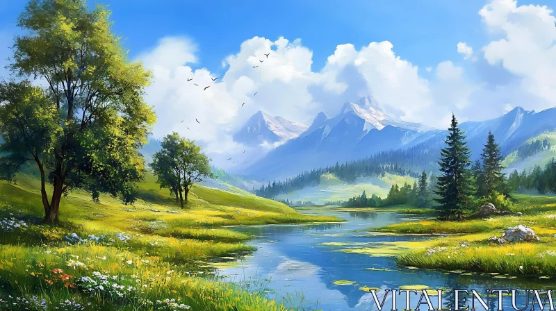 Tranquil Scene of Lake and Mountains AI Image