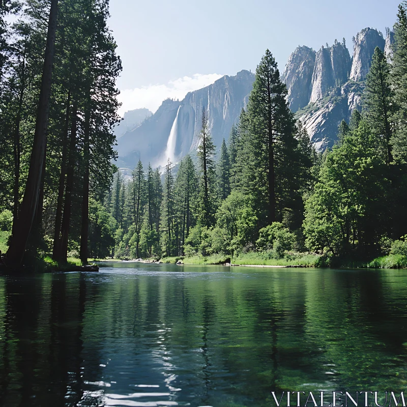 Tranquil River and Forest Landscape with Waterfall AI Image