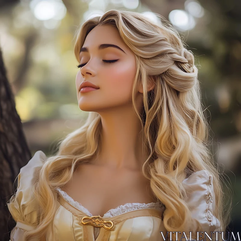 Blonde Woman in Vintage Dress with Eyes Closed AI Image