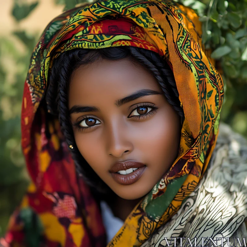 Close-Up of a Woman in Vibrant Scarf AI Image