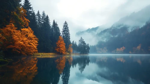 Serene Foggy Lake with Autumnal Forest and Reflection