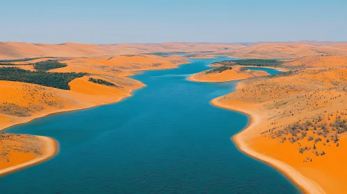 Desert Oasis with Sand Dunes and Lake