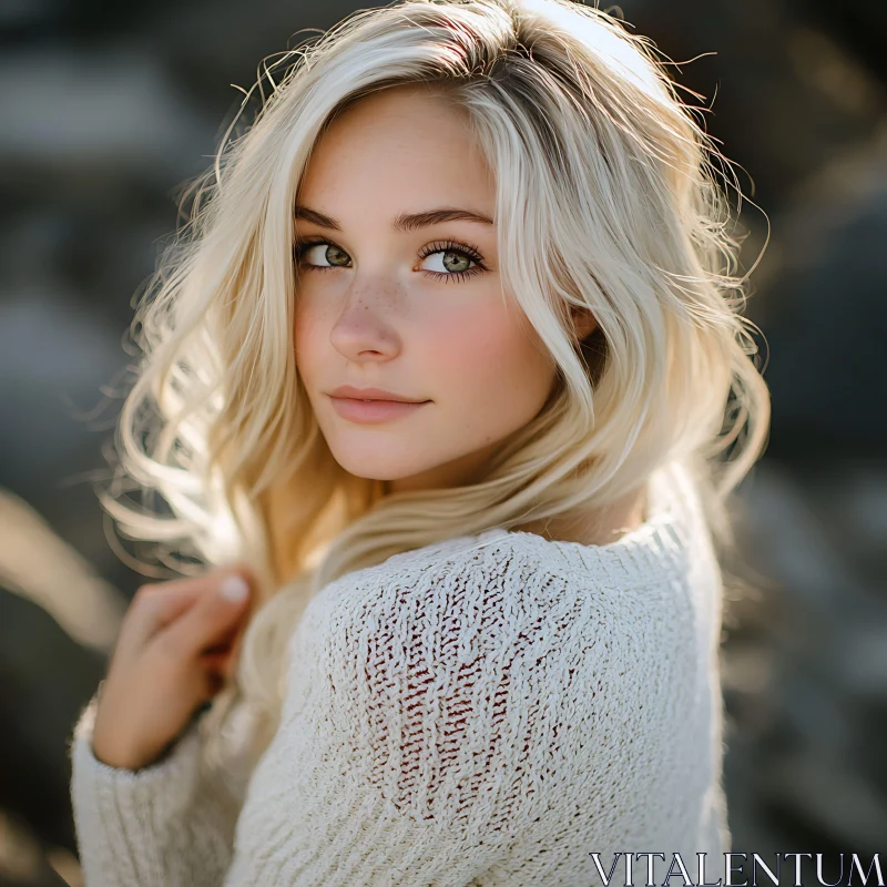 Serene Blonde Woman in Soft Sunlight AI Image