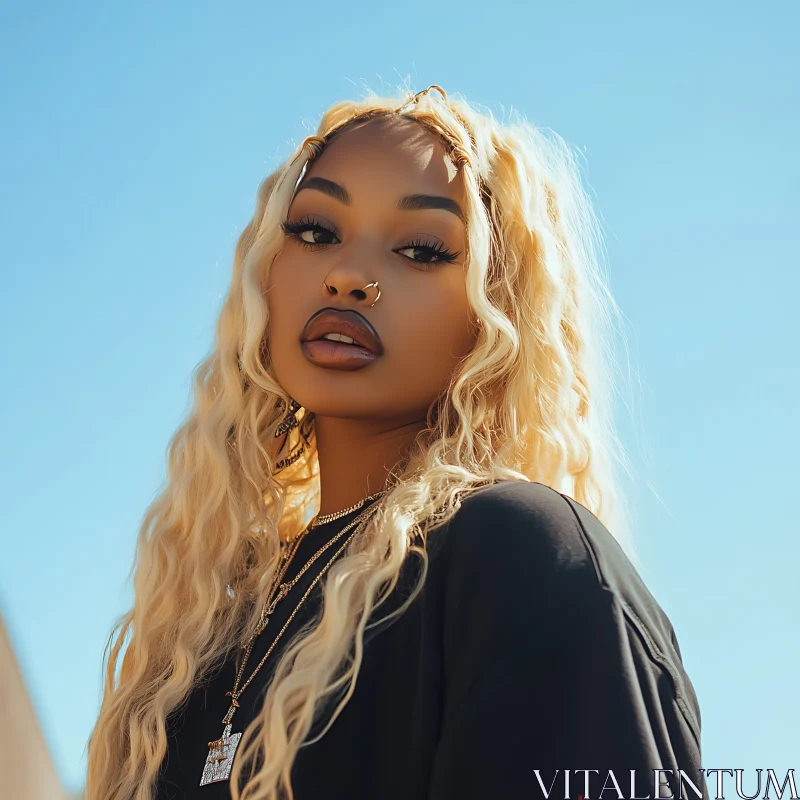 Woman Portrait in Black Top with Blonde Waves and Jewelry AI Image