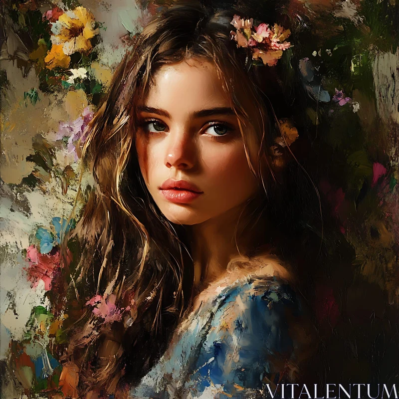 Floral Adorned Woman Portrait Painting AI Image