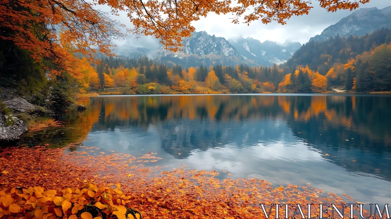 Serene Autumn Lake with Mountains and Colorful Trees AI Image