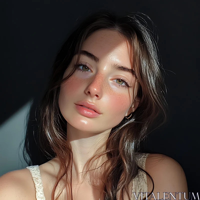 Sunlit Portrait of a Woman with Freckles AI Image