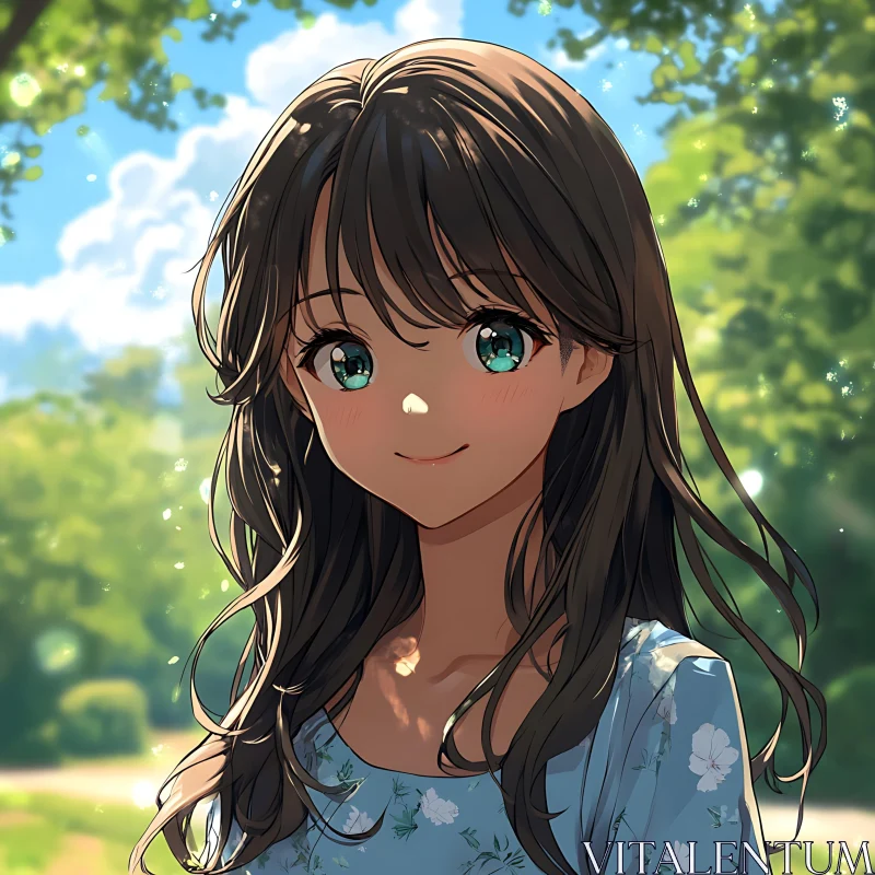 Anime Girl with Brown Hair and Green Eyes in Nature AI Image