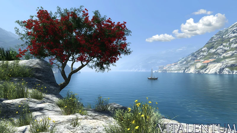 Peaceful Lakeside Scene with Blossoming Tree AI Image