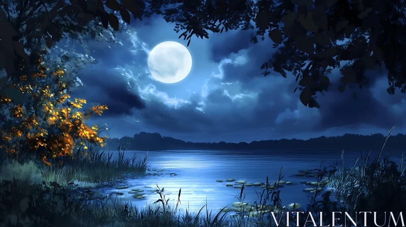 AI ART Tranquil Nocturnal Lake Landscape