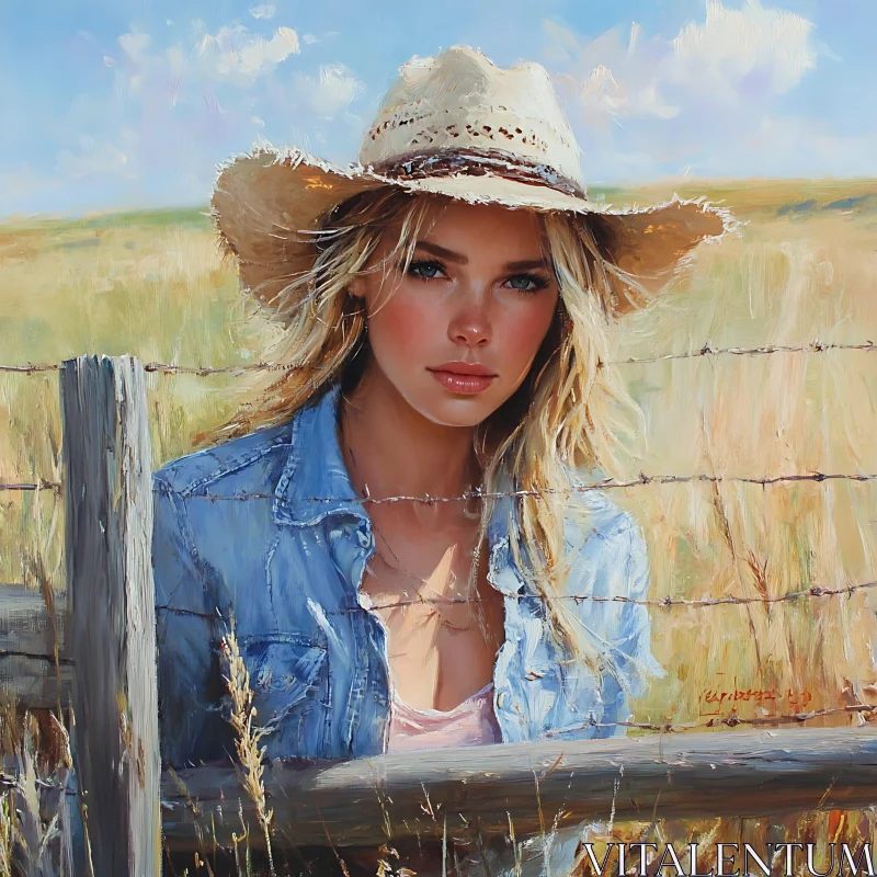 Blonde Woman in a Field with a Hat AI Image