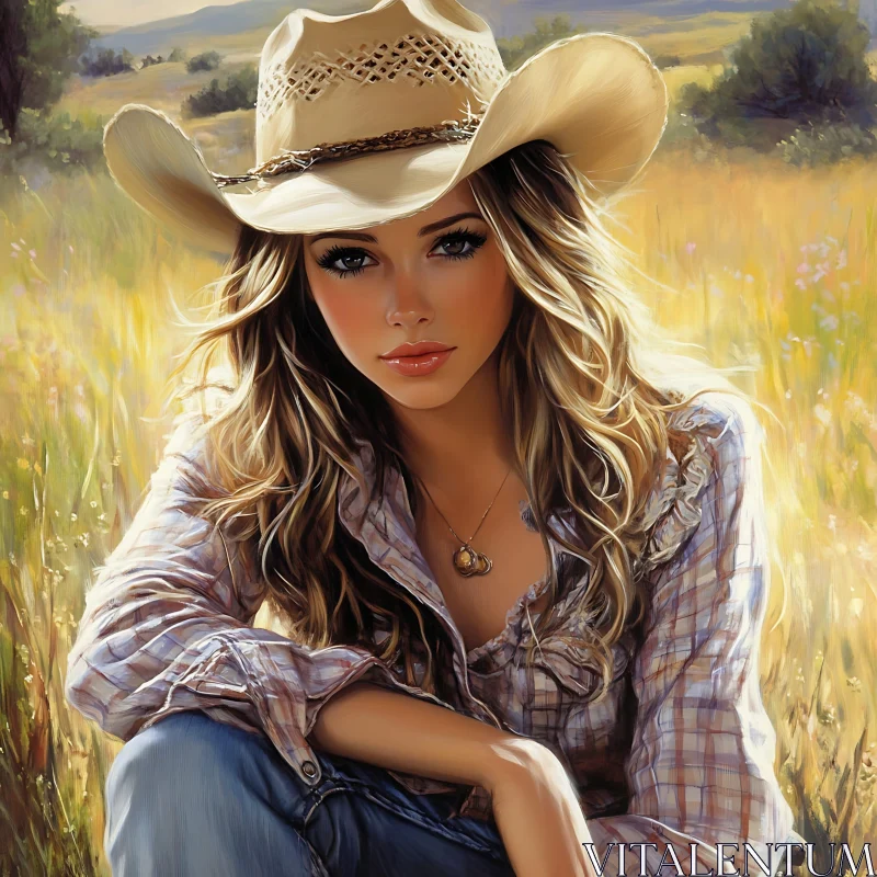 Serene Cowgirl in a Sunny Field AI Image