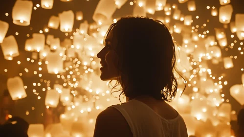 Person Silhouette with Lanterns and Bokeh Background