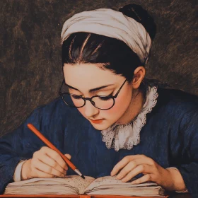 Studious Young Individual with Glasses and Headscarf Writing