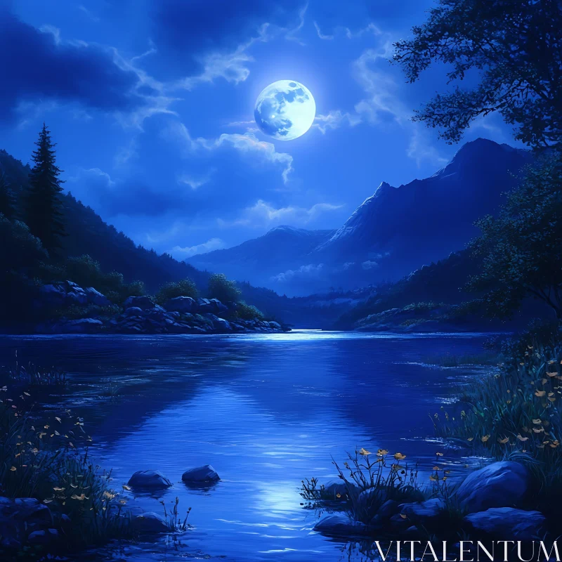 Tranquil Night Scene of Moonlit Lake AI Image