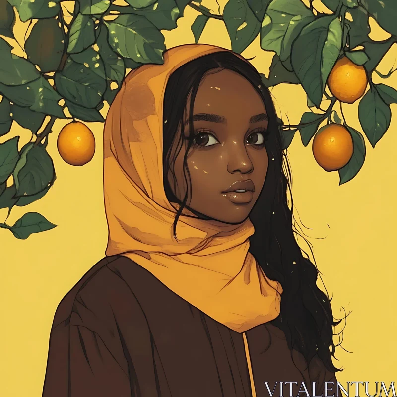 Young Woman with Oranges and Green Leaves AI Image