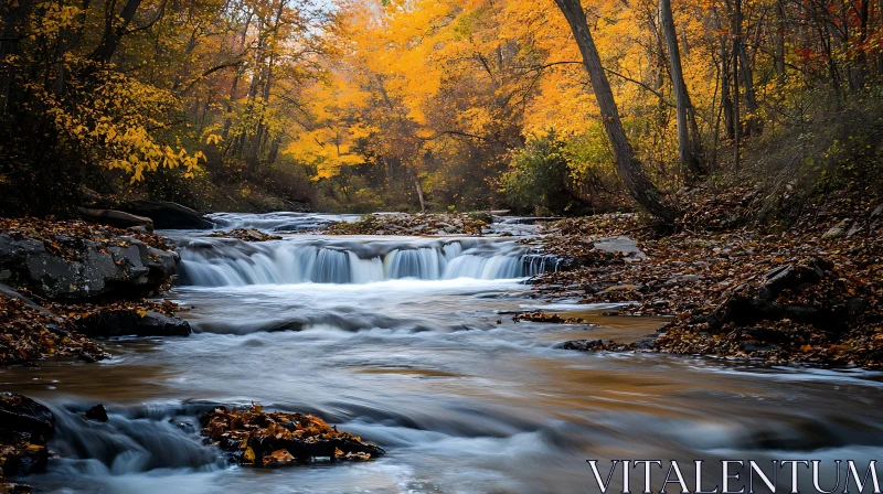 Serene Autumn Waterfall in Forest AI Image