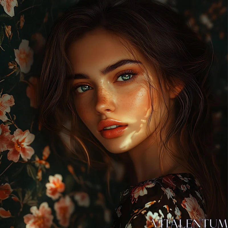 Portrait of a Woman with Freckles and Flowers AI Image