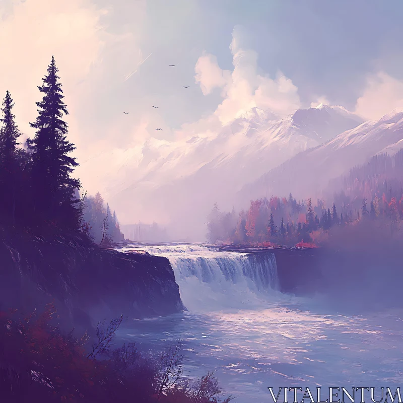 Misty Mountain Waterfall and Forest AI Image