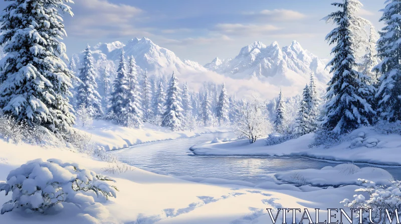 Winter Wonderland with Mountains and Stream AI Image