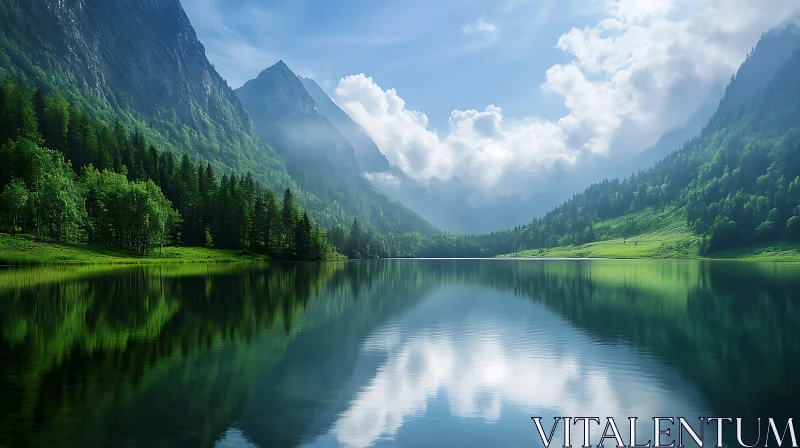 Scenic Lake with Mountains and Forest AI Image