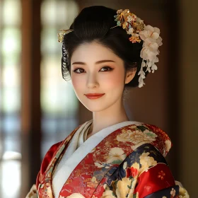 Graceful Lady in Floral Kimono and Hair Accessories