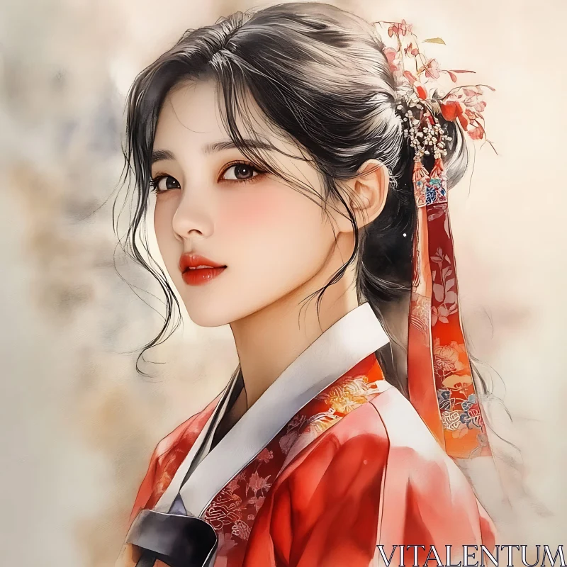 Elegant Portrait of a Woman in Traditional Red Clothing AI Image