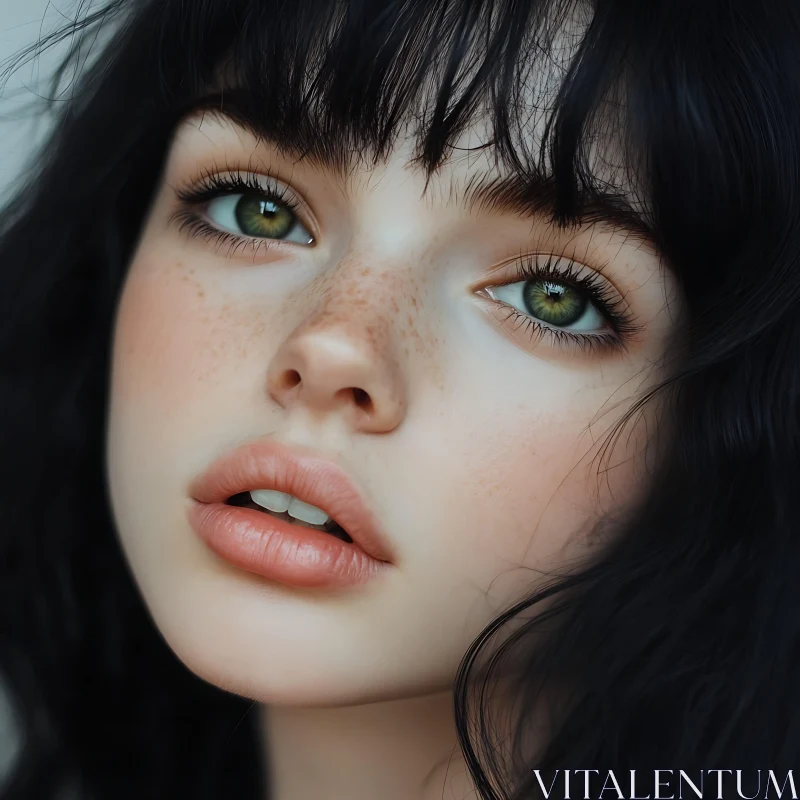 Close-Up Portrait with Green Eyes and Freckles AI Image