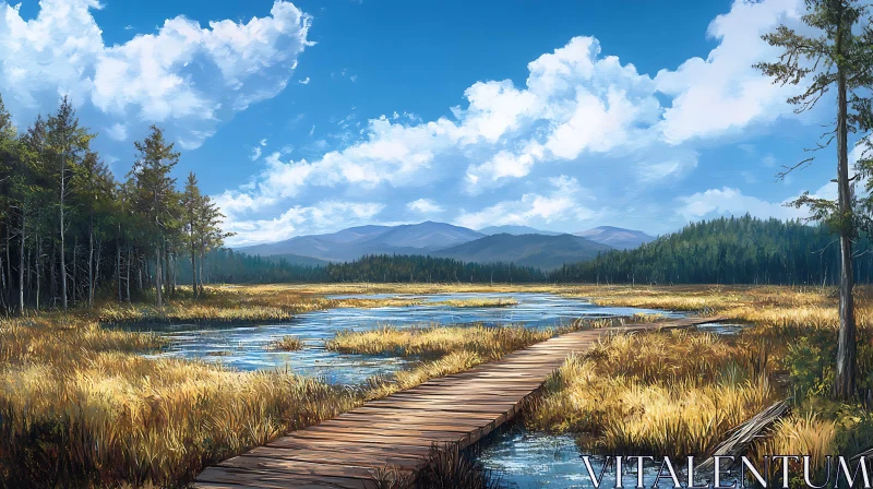 Tranquil Nature Scene of Marsh and Mountains AI Image