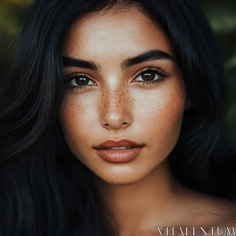 Freckled Woman Portrait - Natural Beauty and Captivating Eyes AI Image