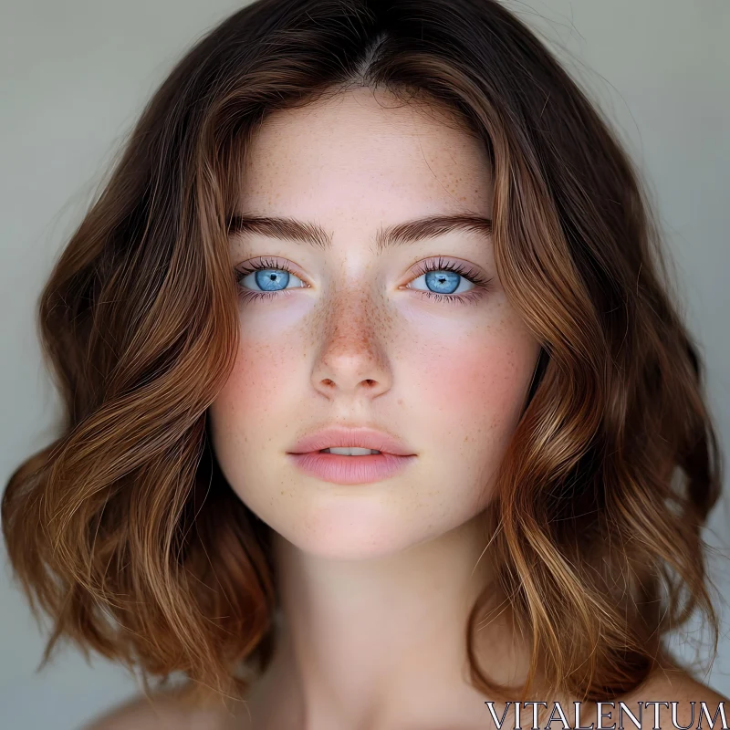 Serene Woman with Light Freckles and Wavy Brown Hair AI Image