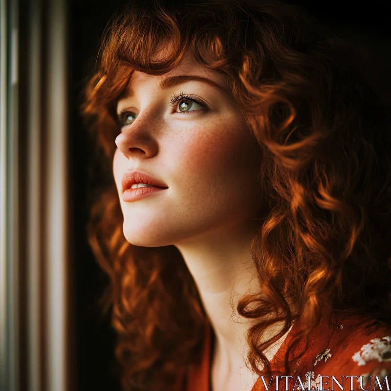 Introspective Portrait of a Red-Haired Woman by the Window AI Image